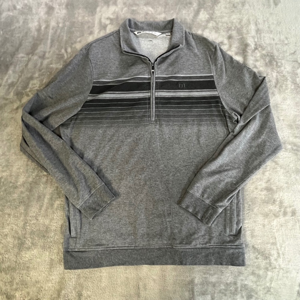 Travis Mathew Quarter Zip‎ Pullover Mens Size Medium Gray Striped Golf Sweater